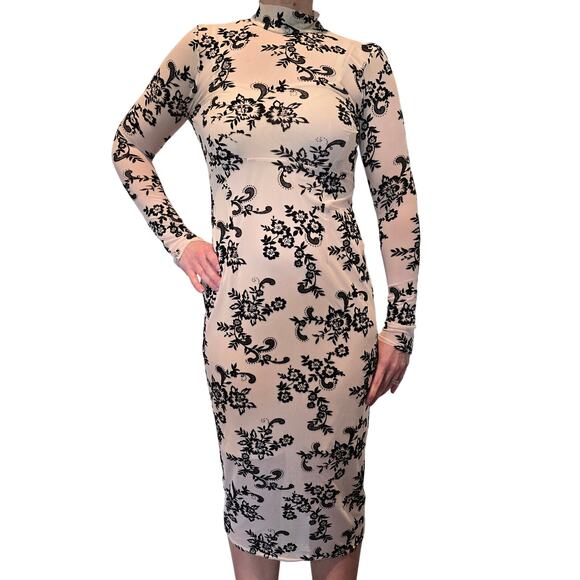 ASOS Dresses & Skirts - Women's Asos Cream & Black Paisley Sheer Bodycon Midi Turtleneck Dress | Size 6